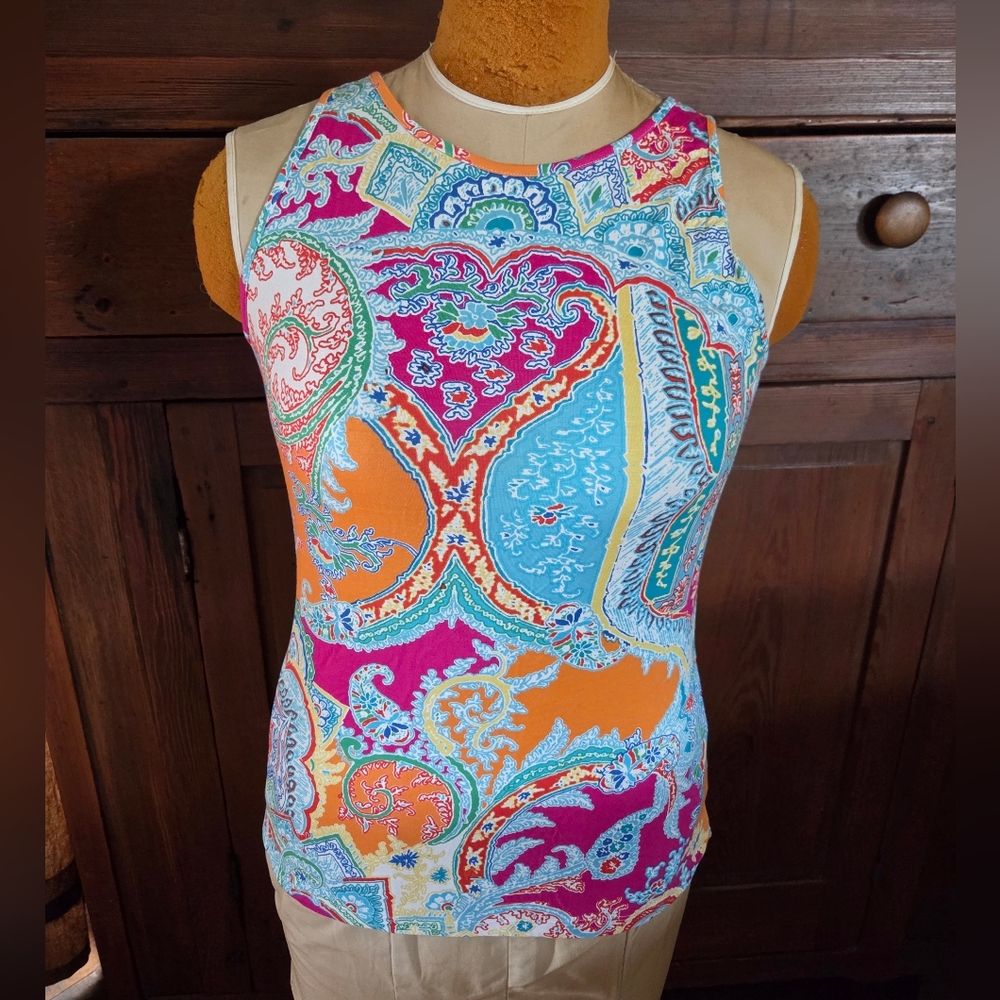 Lauren Ralph Lauren Womens Paisley Print Sleeveless Tank Top  Key Hole Back Sz L